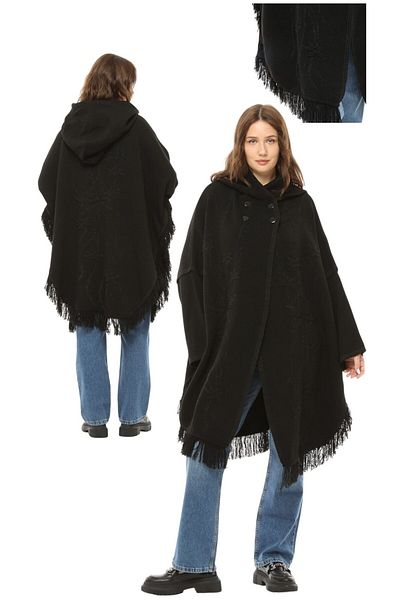 marufshop Poncho de iarnă cu glugă, cu imprimeu cu margarete groase, cu detaliu cu ciucuri, potrivit pentru femei