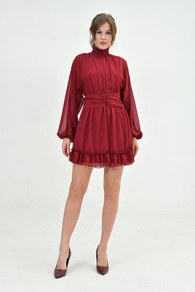 WOMAN VISION Rochie din șifon burgundă - căptușită, decoltată la spate, guler și mâneci cu baloane 066