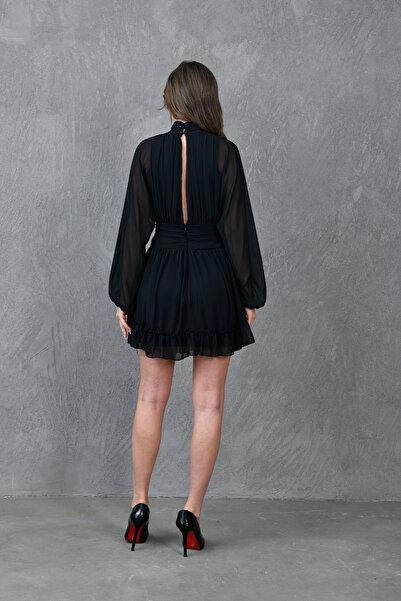 bayansepeti Astarlı Şifon Kumaş Sırt Dekolteli Uzun Balon Kollu Siyah Abiye Elbise 066