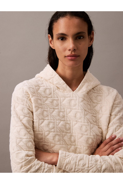 Calvin Klein Kadın Regular Fit Kapüşonlu Marka Logo Baskılı Uzun Kollu Beyaz Spor Eşofman Takımı 000QS7267E-101