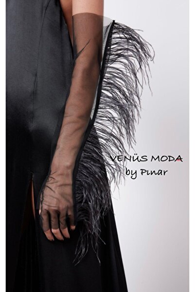 VENÜS MODA by Pınar Siyah Tüylü Tül Eldiven Yılbaşı Parti Uzun Eldiven Parmaksız 80 Cm Boy