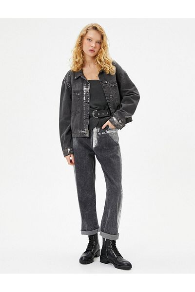Koton Glänzende, gerade geschnittene Jeans mit Foliendruck - Folded Straight Leg Eve Jeans