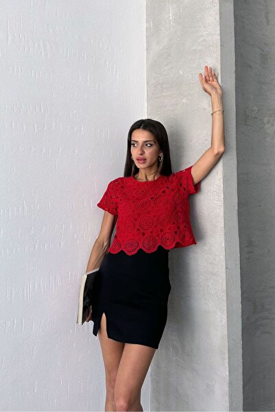 Caddebostan Moda Bluză de damă, cu model rotund, cu decolteu rotund, cu dante...