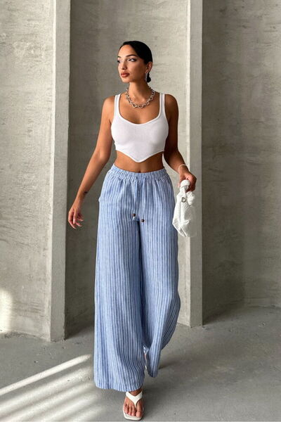 VERYMODA بنطلون كتان مخطط باللون الأزرق الفاتح |   D2634