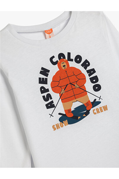 Koton Βαμβακερό μακρυμάνικο μπλουζάκι με λαιμόκοψη - με λεπτομέρεια εκτύπωσης