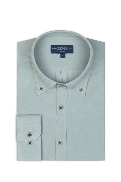 Germirli Green Thin Velvet Albini Button Collar Tailor Fit Pure Cotton Shirt