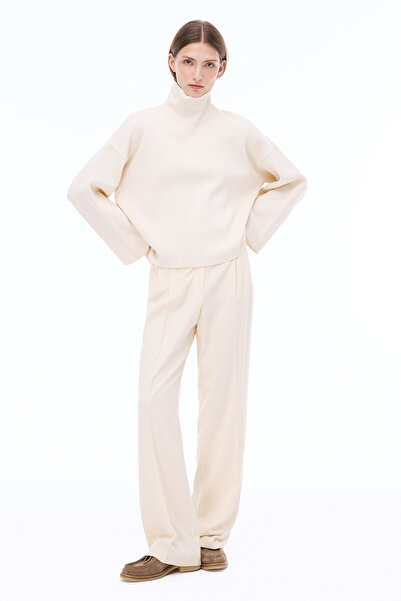 Perspective Knitwear Regular Fit Standard Length Low Sleeve Stand Collar Ecru Sweater