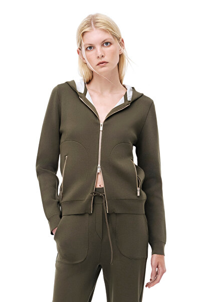 Perspective Knitwear Comfortable Fit Standard Size Fitted Sleeve Hooded Haki Cardigan