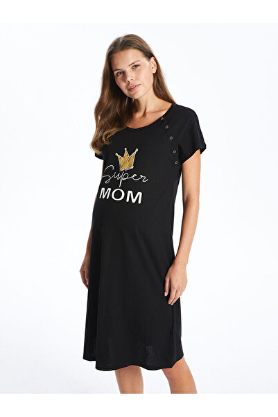 LC Waikiki Black Crew Neck Printed Short Sleeve Maternity Nightdress