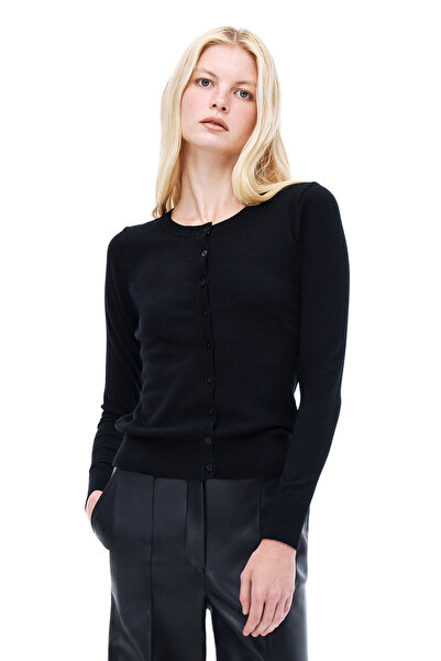 Perspective Knitwear Regular Fit Standard Length Plug Sleeve Crew Neck Black Cardigan