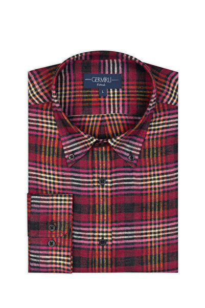Germirli Pembe Flanel Ekoseli Albiate Düğmeli Yaka Tailor Fit Oduncu Saf Keten Gömlek