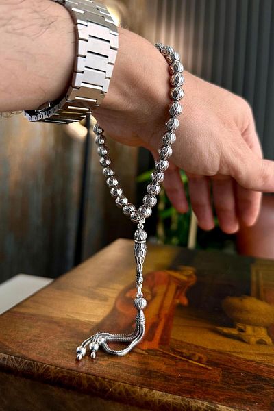 dergah tesbih Fine Embroidery Pattern Collectable Silver Rosary