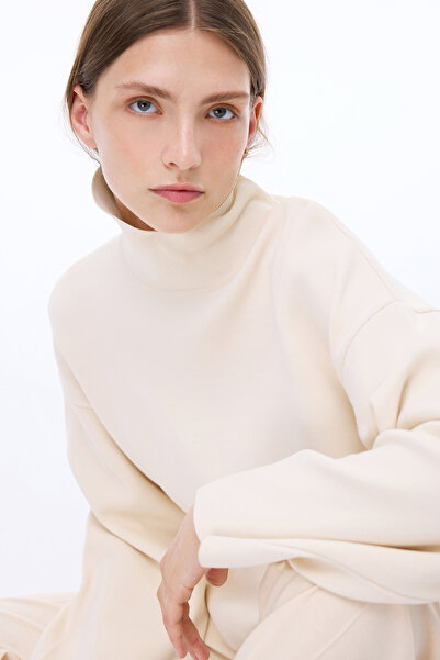 Perspective Knitwear Regular Fit Standard Length Low Sleeve Stand Collar Ecru Sweater