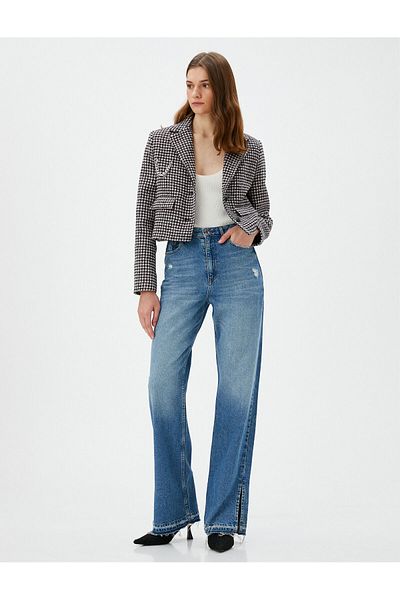 Koton Crop Tweed Blazer Jacket με τσέπες και λεπτομέρεια αλυσίδας με κουμπιά
