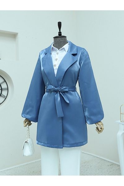 Modamorfo Schnür-Satinjacke mit Volantärmeln – Indigo