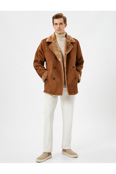 Koton Suede Look Jacket Double Breasted Plush Inside Collar Buttoned Pocket