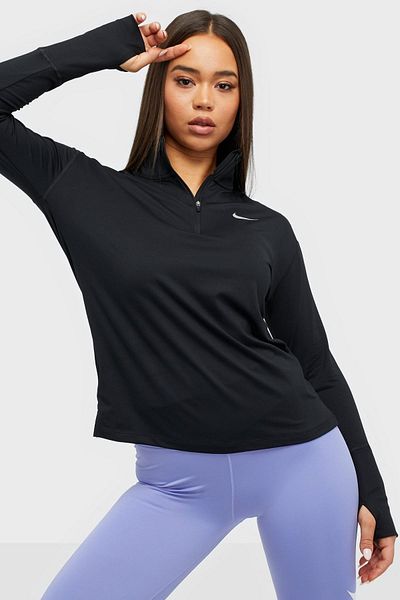 Nike Top de jogging pentru femei Dri-Fit Element - Top negru cu jumătate de fermoar cu fermoar 1/4