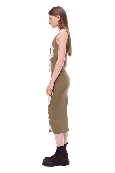 Perspective Πλεκτά Slim Fit Αμάνικο Χακί Φόρεμα με ζιβάγκο