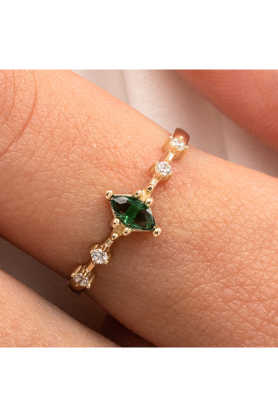 FasekGold Gümüş Yüzük - Mekik Taşlı Zümrüt Angola Fantezi 925 Ayar Gümüş Yüzük