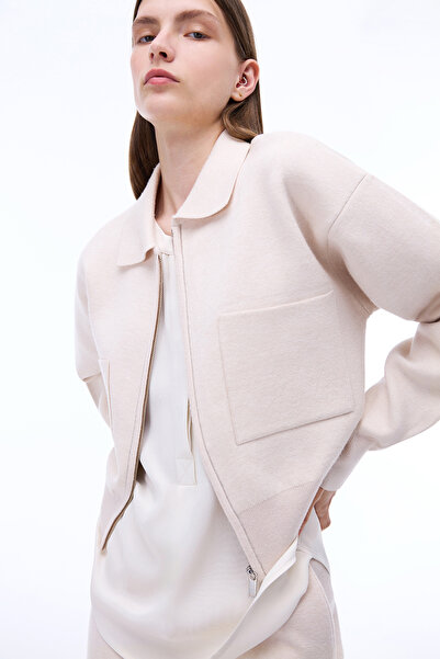 Perspective Knitwear Comfortable Fit Standard Size Fitting Sleeve Shirt Collar Ecru Cardigan