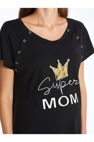 LC Waikiki Black Crew Neck Printed Short Sleeve Maternity Nightdress