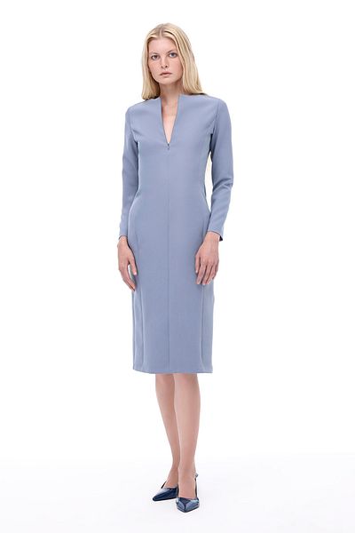 Perspective Γκρι φόρεμα Morningstar Slim Fit Midi με ψεύτικο μανίκι με λαιμόκοψη