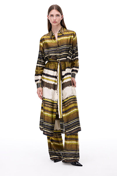 Perspective Retro Rahat Kalıp Midi Boy Takma Kol Gömlek Yaka Çok Renkli Elbise