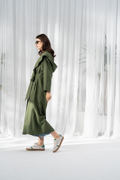 QANU Cotton Lace-Up Trench Coat Green Loose Fit