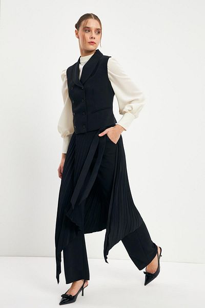 Zühre Black Combination Suit with Pleated Asymmetrical Vest Tk-1372
