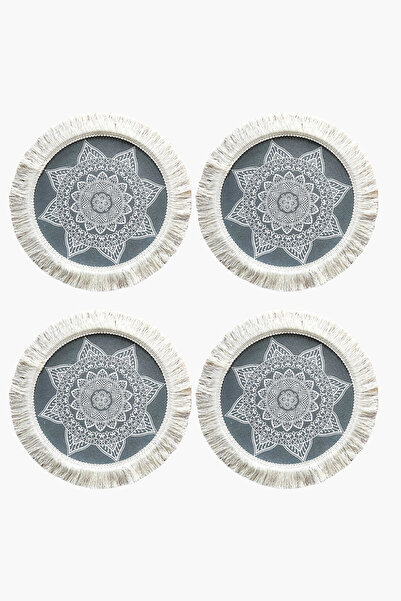Bc Home 4'lü Gri Bohem jüt supla, beyazl püsküllü  30 x 30 cm yuvarlak amerik...