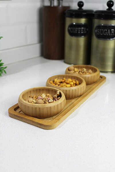 Moon Dizayn Bamboo Wooden 3-Piece Tray Bowl Snack Bowl Breakfast Jam Set