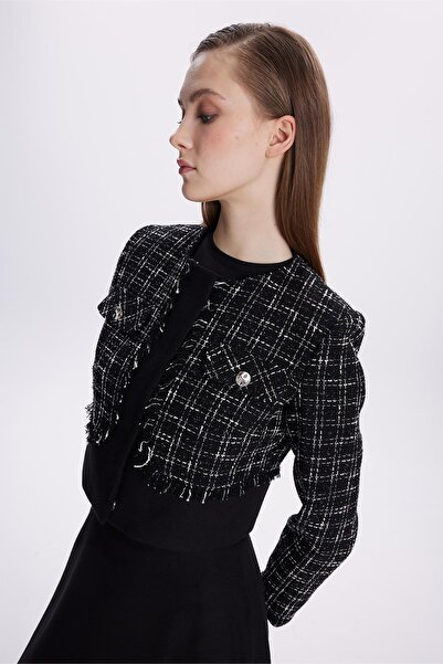 Zühre Tweed Patterned Button Detailed Black Double Suit Tk-1397