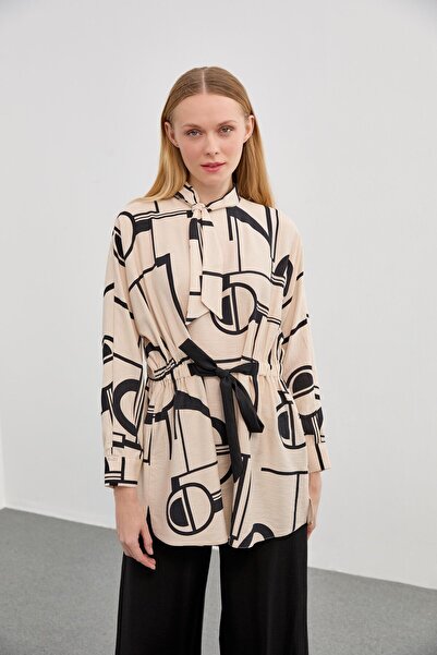 Zühre Desenli Fular Yaka Bej/siyah Ikili Takım Tk-0701