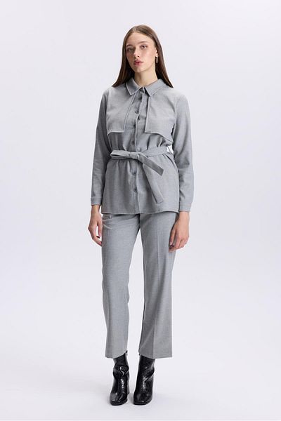 Zühre Button Detailed Waist Tie Gray Double Suit Tk-1359