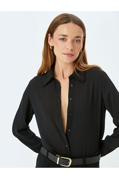 Koton Classic Collar Long Sleeve Jeweled Crepe Shirt