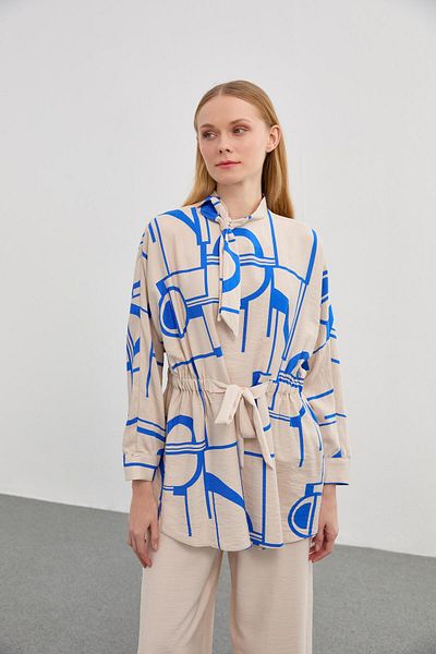 Zühre Patterned Scarf Collar Beige/Sax Double Suit TK-0701