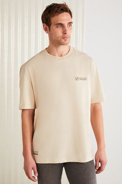 GRIMELANGE Zeus Men's Embroidery Detailed Regular Organic Cotton Knitted Crew Neck Beige T-Shirt