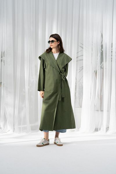 QANU Cotton Lace-Up Trench Coat Green Loose Fit
