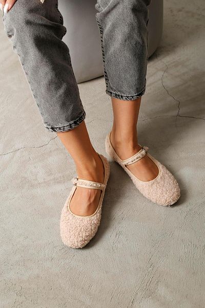 Beyond Women's Beige Mary Jane Teddy Plush Single Band Daily Ballerina Ballerina Ballerina Byndmj01