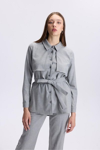 Zühre Button Detailed Waist Tie Gray Double Suit Tk-1359