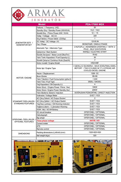 Armak PDA-17000 MEK 16,5 KVA KABİNLİ MONOFAZE PORTATİF JENERATÖR