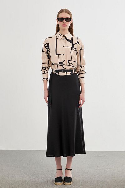 Zühre Patterned Skirt Shirt Beige/black Combination Suit Tk-1298