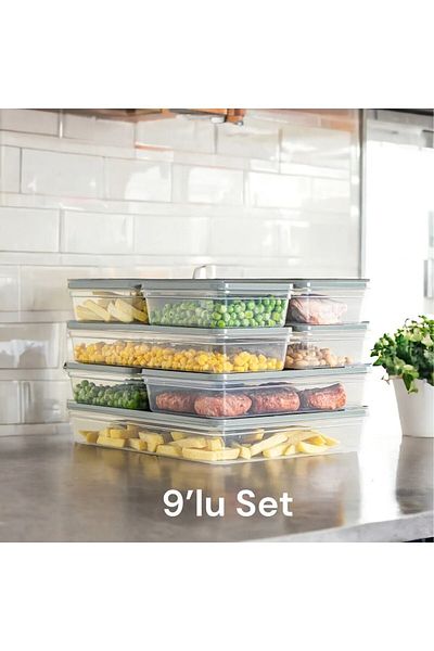 SAVLAR 9-Piece Fridge Organizer Freezer and Microwave Storage Container Fresh Box 1X 2400-4X1170-4X600 ml