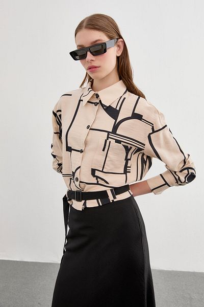 Zühre Patterned Skirt Shirt Beige/black Combination Suit Tk-1298