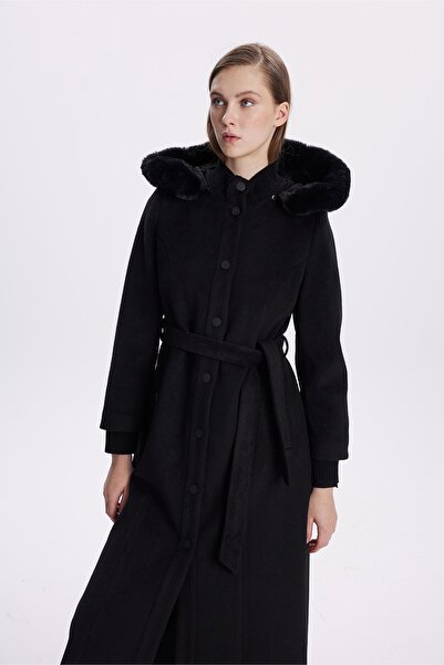 Zühre Hooded Fur Detailed Black Cashmere Coat 13652