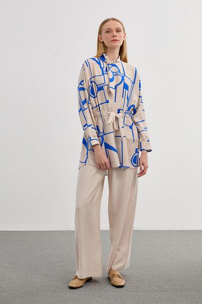 Zühre Patterned Scarf Collar Beige/Sax Double Suit TK-0701
