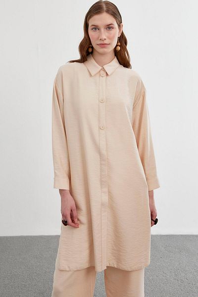 Zühre Shirt Collar Beige Long Double Combination Suit TK-1278