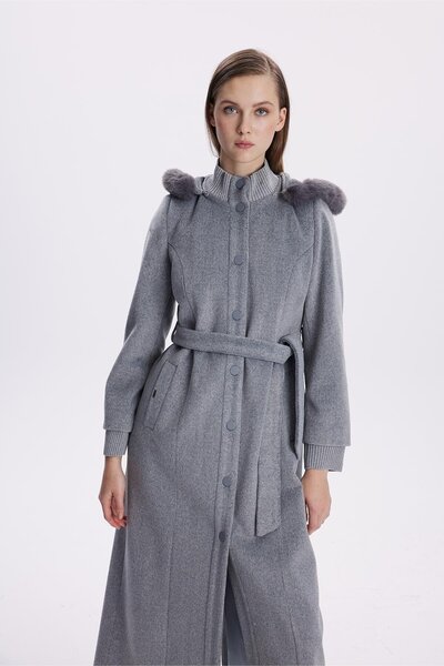 Zühre Hooded Fur Detailed Gray Stamp Coat 13652