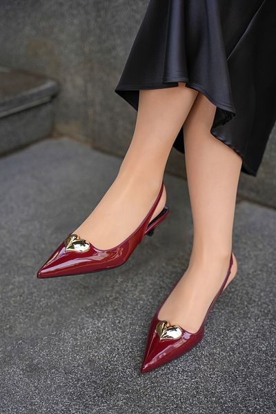 LAMİNTA Pantofi cu toc pentru femei Palmy Burgundy, cu detaliu de inimă, cu centură elastică