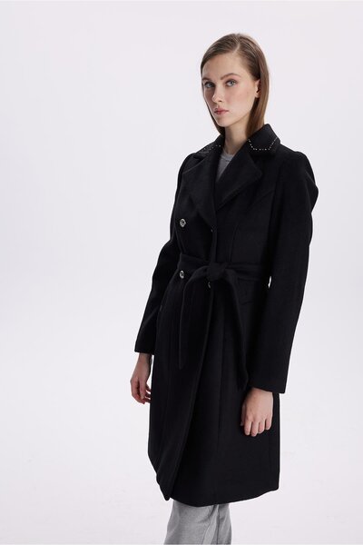 Zühre Double Breasted Collar Belted Black Coat 13664
